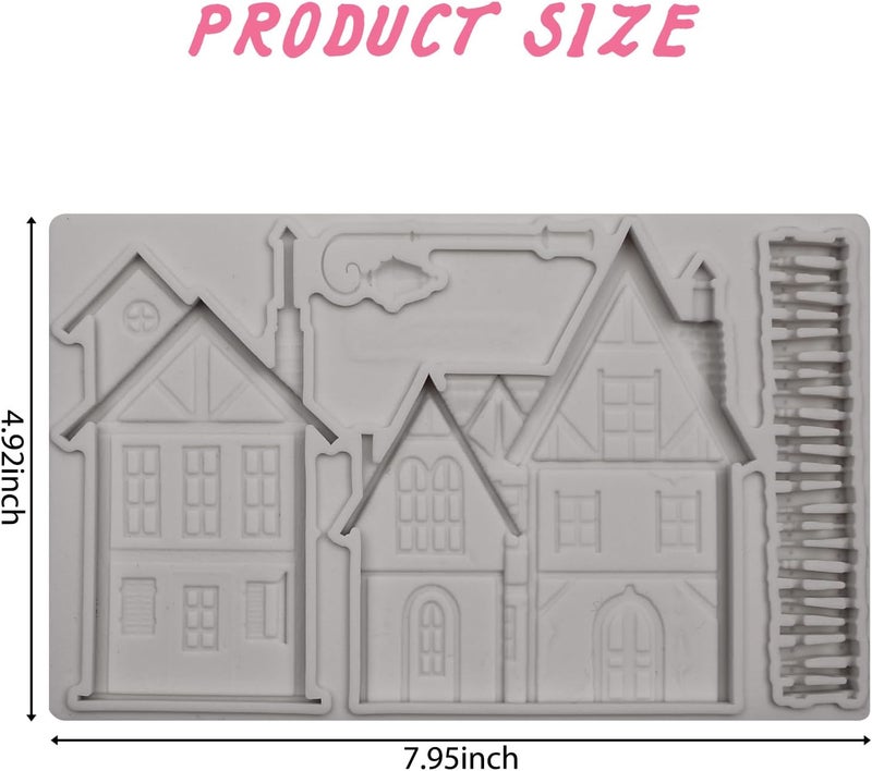 Caregene Victorian Houses Silicone Mold, Vintage Buildings Fondant Mold with Lamp Post, 7.95 x 4.92 inches, Gray - Image 2